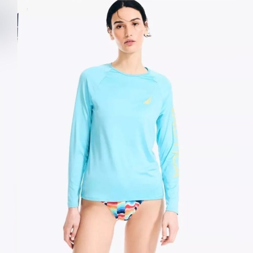 Nautica Teal Logo Swim Rashguard Rash Guard Sun Top Long Sleeve UPF Women's M - Picture 2 of 5